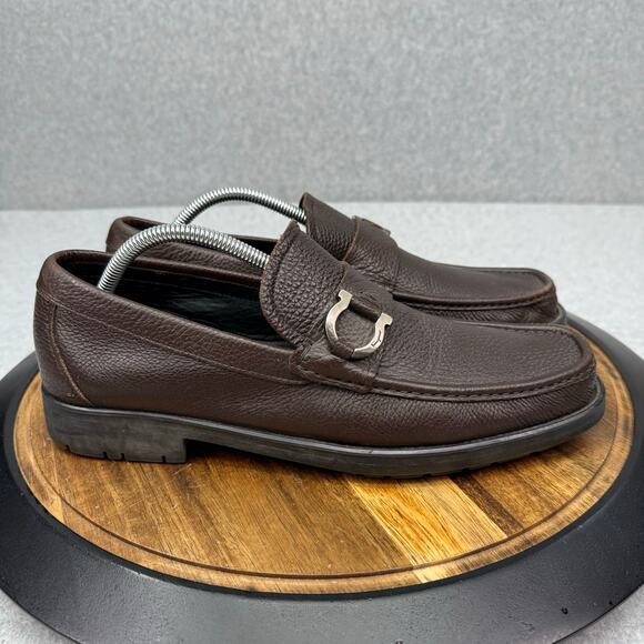 Salvatore Ferragamo Loafers Men's 10 Brown Leather Silver Accent Buckle - Picture 1 of 8